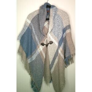 Altare Plaid Wrap Poncho Shawl with toggle closure One Size 100% Polyester Blue